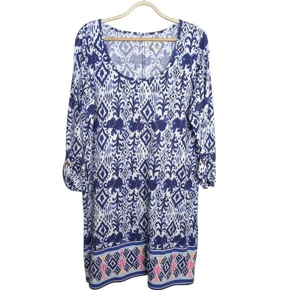 Lilly Pulitzer Ocean Ridge Dress XL Blue Elephant Ikat Print Pima Cotton Shift - Picture 2 of 9